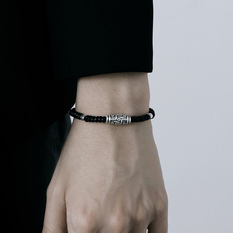 Pulsera de cuerda de bendición con patrón de cuentas Dzi de nueve ojos de plata de ley 999 con Buddha Stones