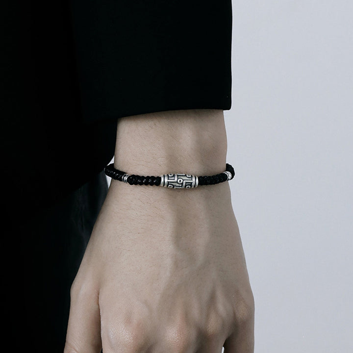 Pulsera de cuerda de bendición con patrón de cuentas Dzi de nueve ojos de plata de ley 999 con Buddha Stones