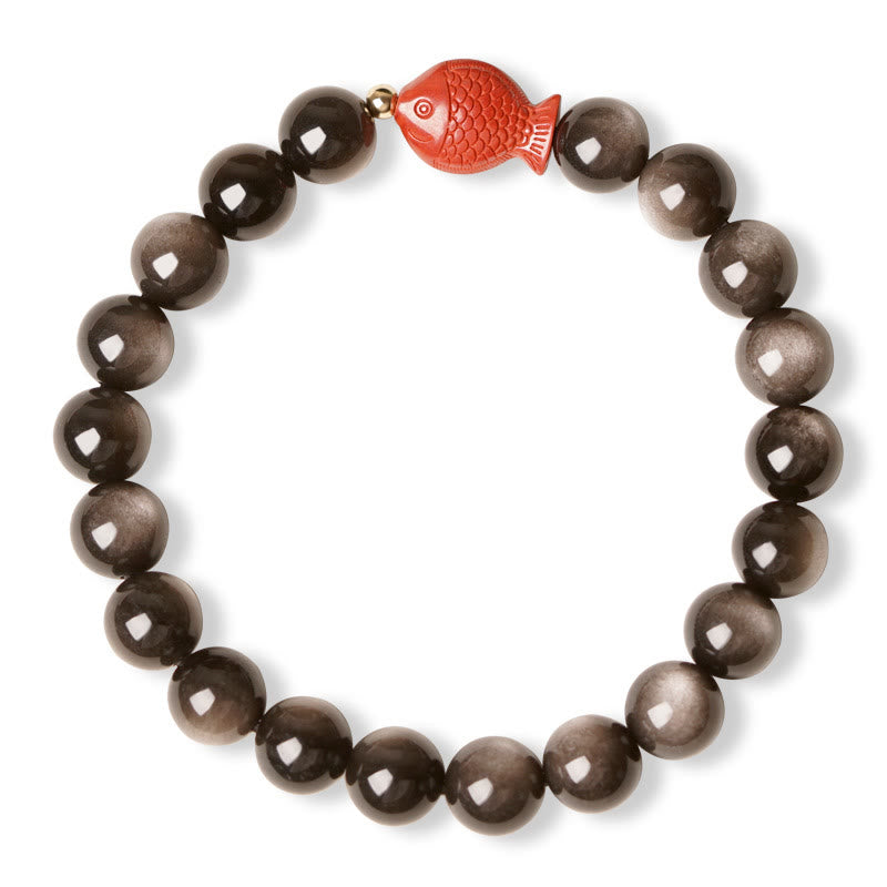 Pulsera de protección calmante con Buddha Stones , obsidiana con brillo de plata natural, cinabrio, pez Koi
