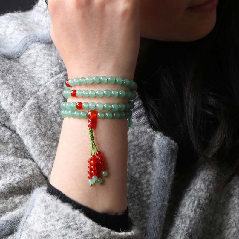 Pulsera Mala de la suerte con 108 cuentas, aventurina verde, ágata roja