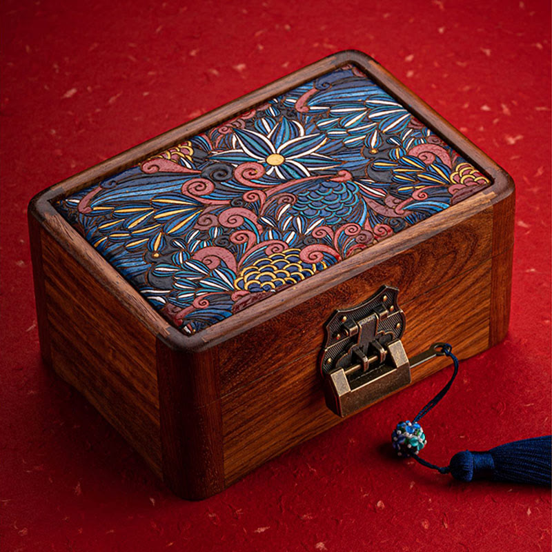Caja de almacenamiento de joyería de palisandro con estampado floral hecha a mano retro, caja organizadora de regalo de madera con cerradura