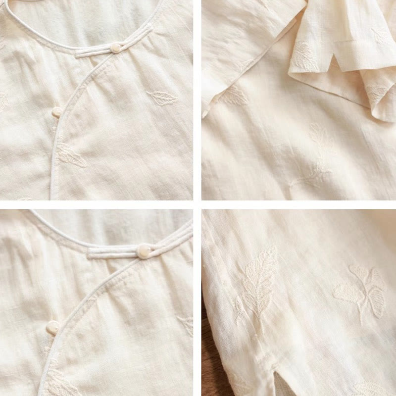 Blusa suelta de lino de ramio con Buddha Stones , camisa de manga corta, Top de estilo chino