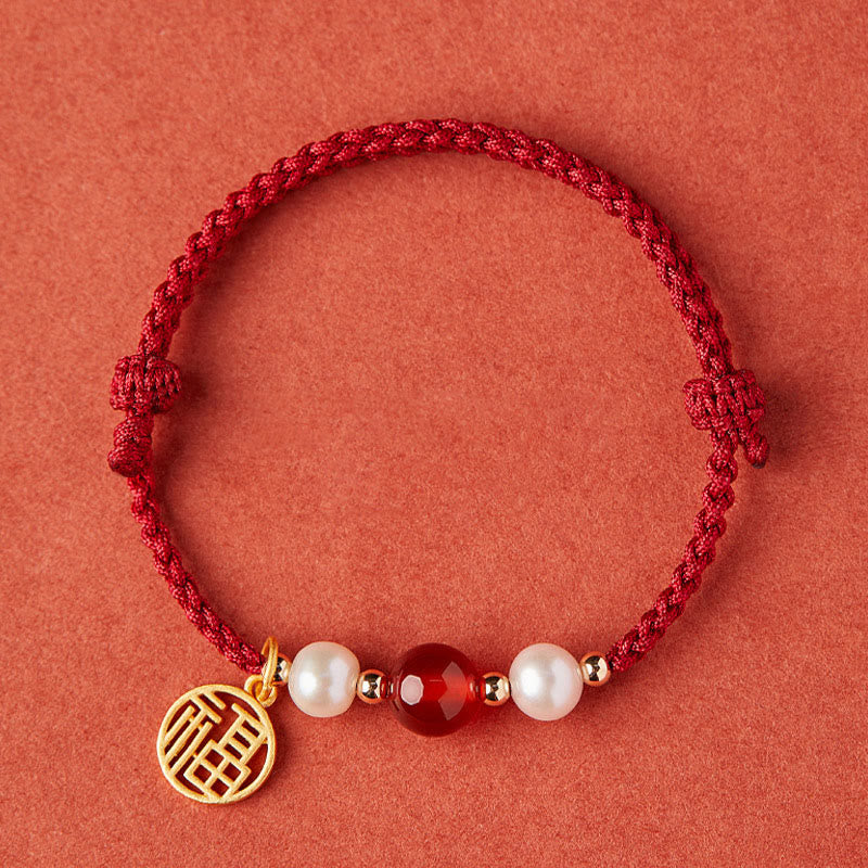 Pulsera trenzada de hilo rojo con perlas de ágata y carácter de buena fortuna de plata de ley 925 con Buddha Stones
