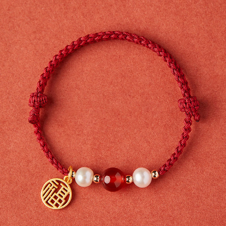 Pulsera trenzada de hilo rojo con perlas de ágata y carácter de buena fortuna de plata de ley 925 con Buddha Stones