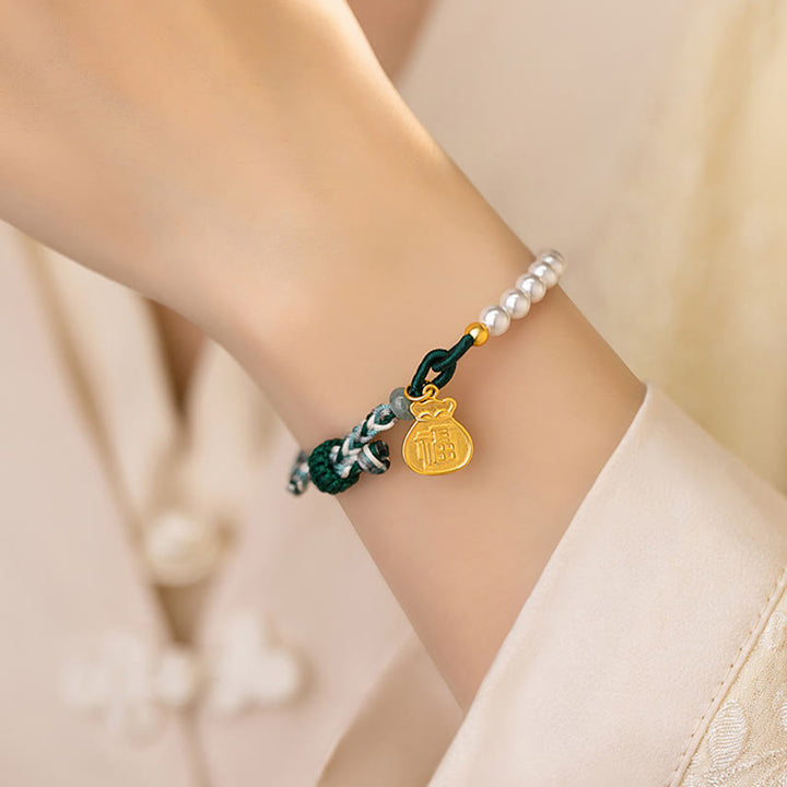 Pulsera de cuerda de sabiduría de jade hetiano con perlas de la suerte y carácter Fu de plata de ley 925 con Buddha Stones