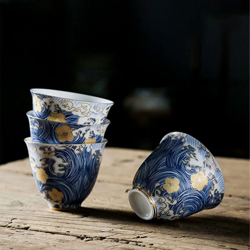 Tazas de té de cerámica con ondas del océano y el mar Vintage de Buddha Stones