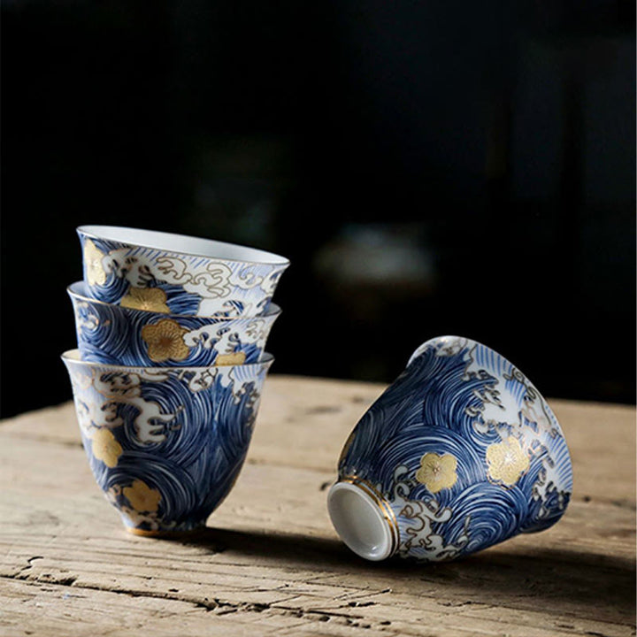 Tazas de té de cerámica con ondas del océano y el mar Vintage de Buddha Stones