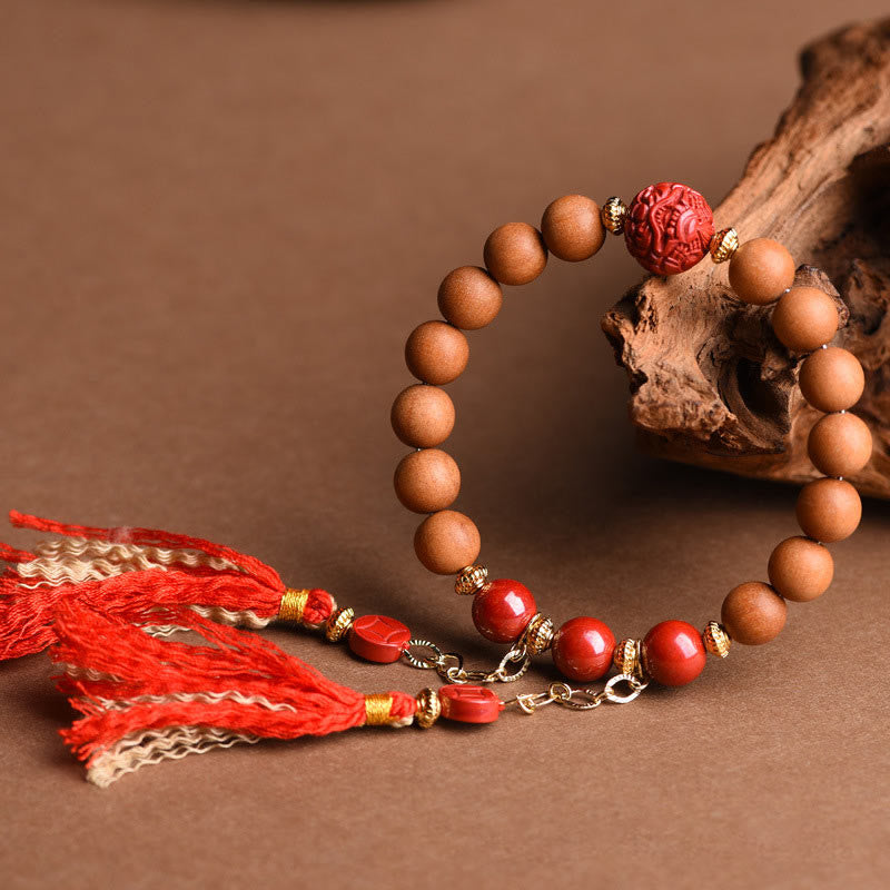 Pulsera de borlas de riqueza PiXiu de cinabrio de madera de melocotón Natural tibetana con Buddha Stones