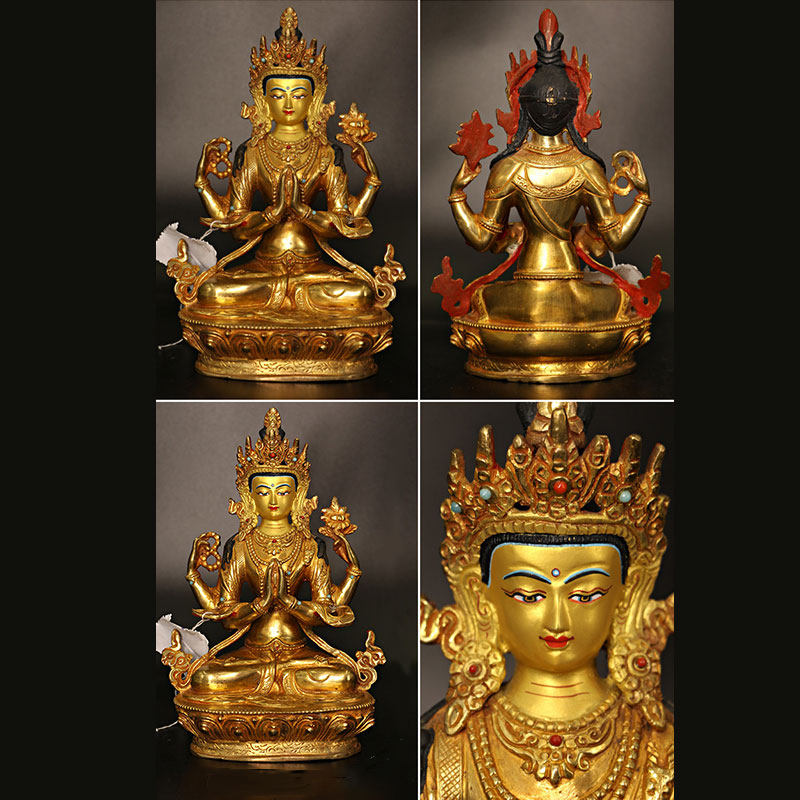 Bodhisattva Tara Chenrezig, protección de Avalokitesvara de cuatro brazos, decoración de estatua chapada en oro y cobre