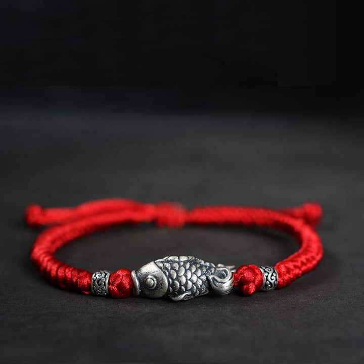 Pulsera de hilo trenzado con pez Koi de la suerte de plata con Buddha Stones