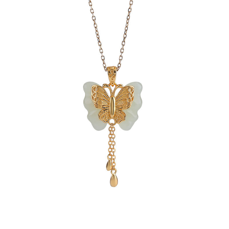 Colgante de collar con colgante de mariposa de jade blanco hetiano chapado en plata de ley 925 con Buddha Stones