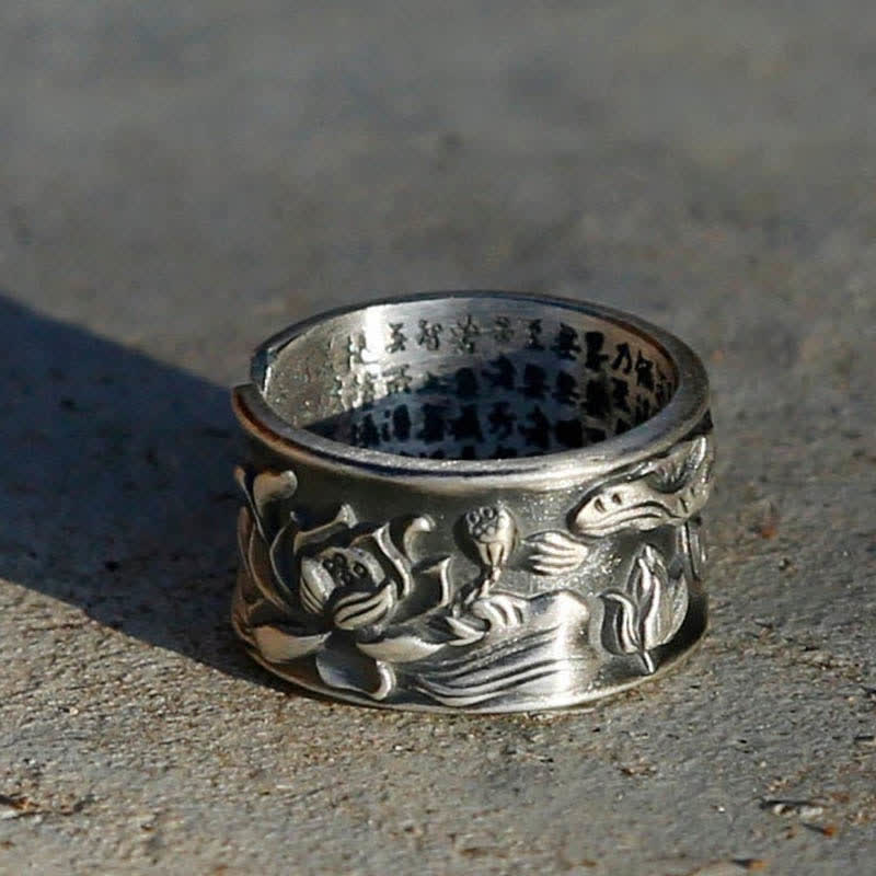 Anillo de plata de ley 999 con diseño de corazón de loto y pez koi de la suerte