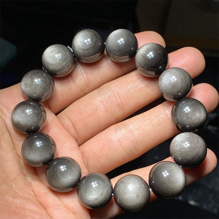 Pulsera de protección calmante de obsidiana brillante de plata natural con Buddha Stones