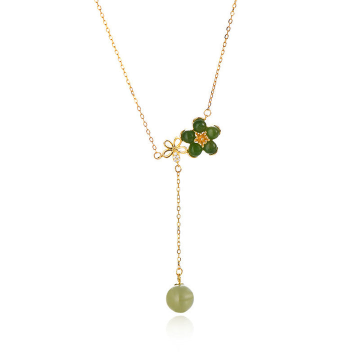 Colgante de collar de la suerte con diseño de flor de ciruelo de jade cian hetiano de plata de ley 925 con Buddha Stones