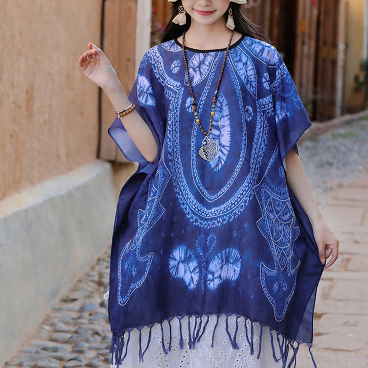 Jersey de viaje acogedor con borlas y chal Batik geométrico azul de Buddha Stones 90*95cm