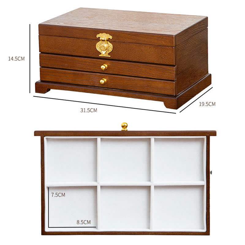 Caja de joyería de madera retro con Buddha Stones, caja de almacenamiento de joyas de tres capas