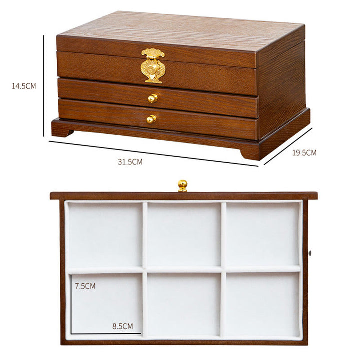 Caja de joyería de madera retro con Buddha Stones, caja de almacenamiento de joyas de tres capas