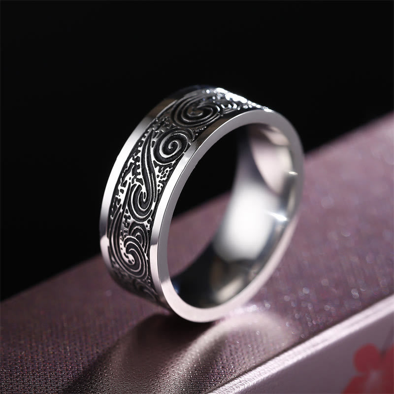 Anillo de equilibrio de acero de titanio con patrón grabado de nubes auspiciosas de onda vintage