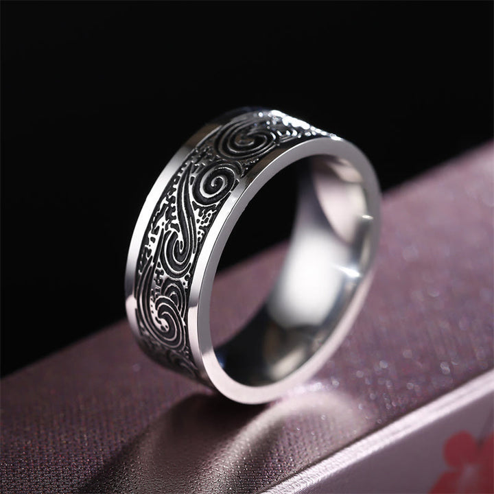 Anillo de equilibrio de acero de titanio con patrón grabado de nubes auspiciosas de onda vintage