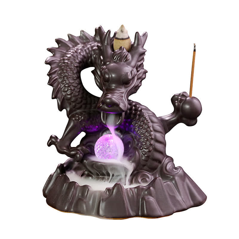 Quemador de incienso curativo para meditación, fuente de humo de reflujo de cerámica de dragón auspicioso, decoración de bola Led