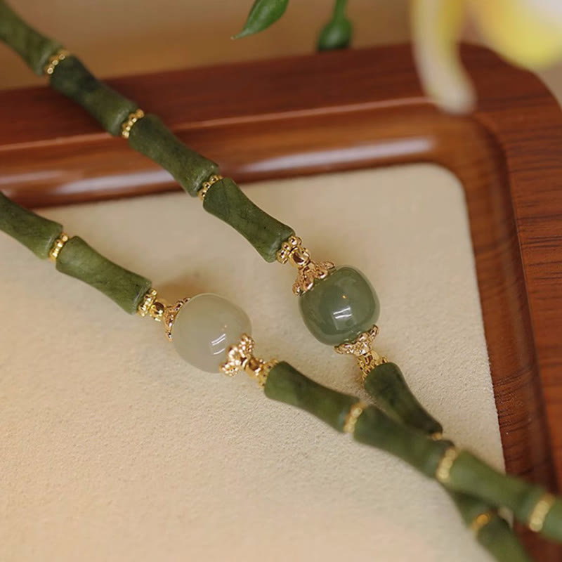 Pulsera de la suerte con patrón de bambú de jade hetiano, peridoto chapado en cobre de 14 quilates con Buddha Stones