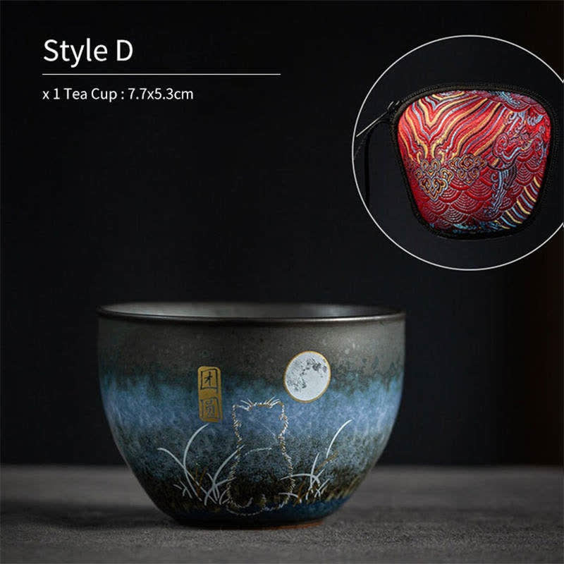 Taza de té de cerámica con Buddha Stones, tazas de té negras con gato encantador, 140ml