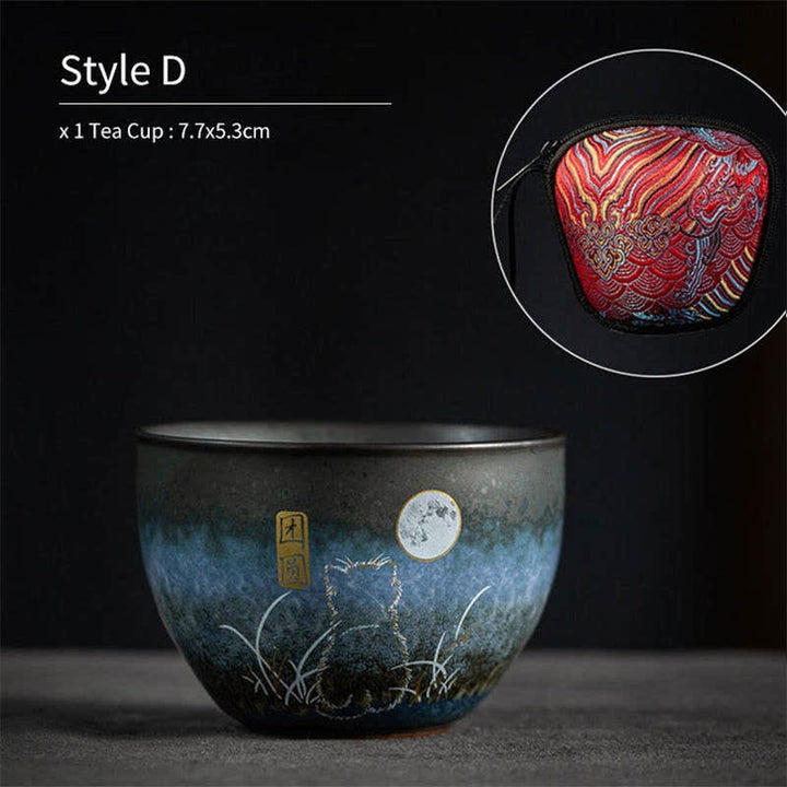 Taza de té de cerámica con Buddha Stones, tazas de té negras con gato encantador, 140ml