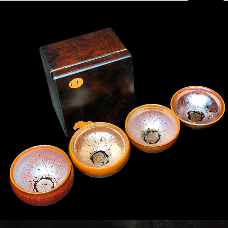 Taza de té de cerámica Jianzhan chino con diseño de manchas doradas y piedras de Buddha Stones , tazón de taza de té de Kung Fu con caja de regalo