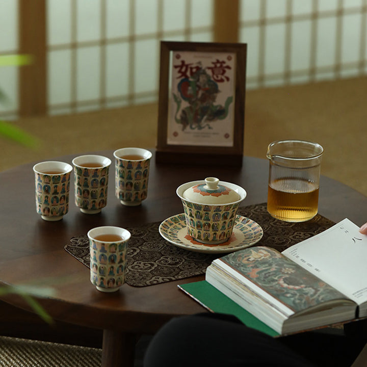 Buddha Stones Dunhuang Color mil Budas volando Apsaras patrón Gaiwan taza de té Kung Fu con tapa