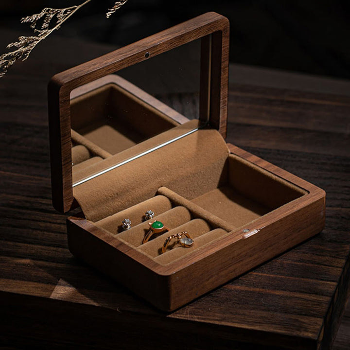 Caja de almacenamiento de joyería vintage hecha a mano de madera de nogal negro con espejo