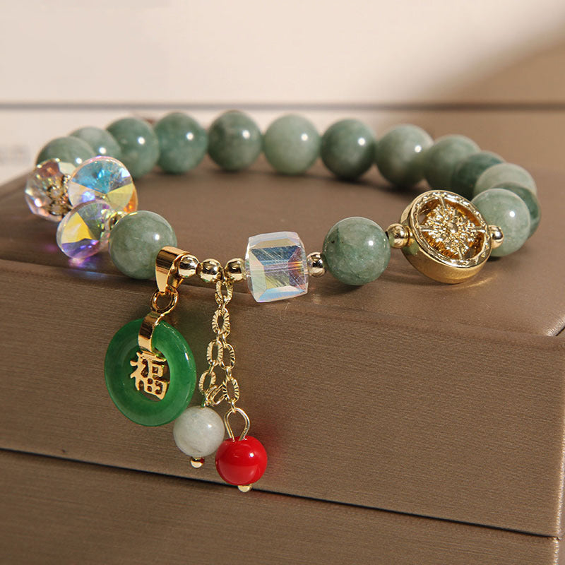 Pulsera curativa con dije de personaje Fu de jade, cuarzo fresa y piedras de Buddha Stones