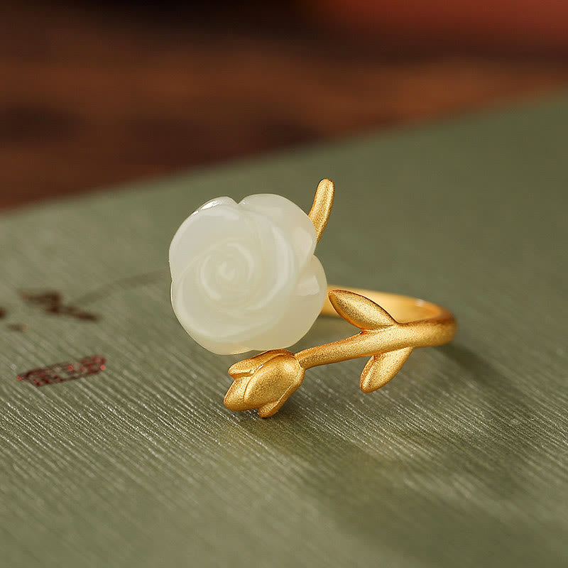 Anillo de felicidad de jade blanco hetiano con flor de rosa dorada chapada en plata de ley 925 con Buddha Stones