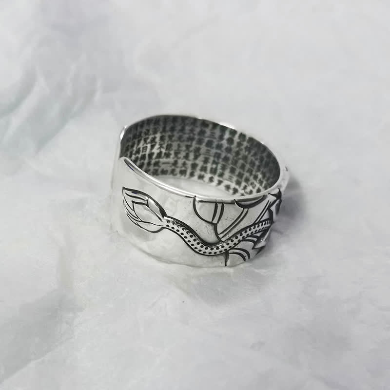Anillo de protección Sutra de corazón con símbolo de loto de plata de ley 999 con Buddha Stones