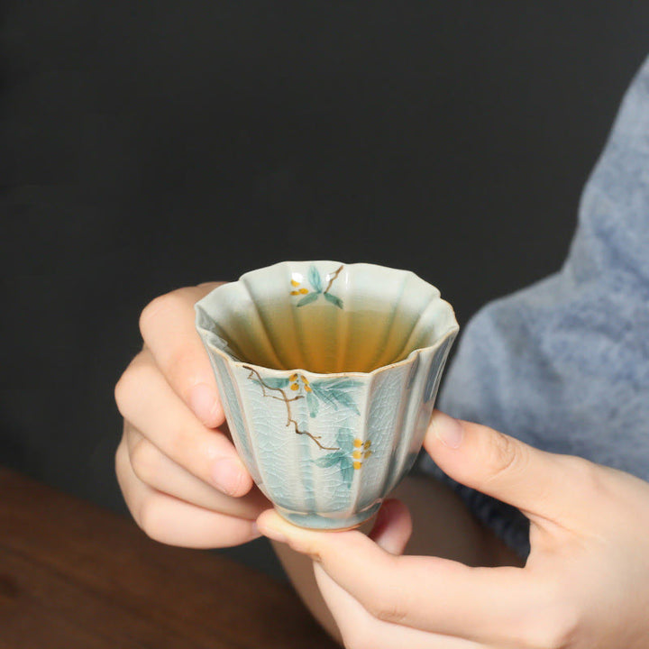 Taza de té de cerámica de Kung Fu con Buddha Stones , níspero, cornejo, espino, gloria de la mañana