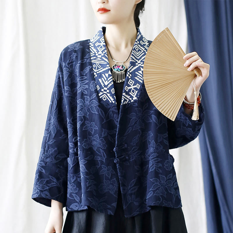 Chaqueta de manga larga con cuello en V y jacquard floral con Buddha Stones