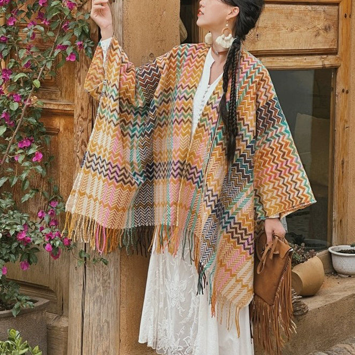 Chal tibetano con Buddha Stones , coloridas formas onduladas a rayas, borlas, bufanda de viaje acogedora para invierno