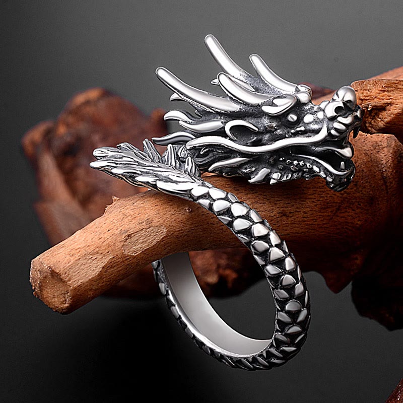 Anillo ajustable de plata de ley 990 con Buddha Stones , diseño de dragón vintage, protección de la suerte y fuerza
