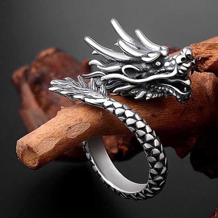 Anillo ajustable de plata de ley 990 con Buddha Stones , diseño de dragón vintage, protección de la suerte y fuerza