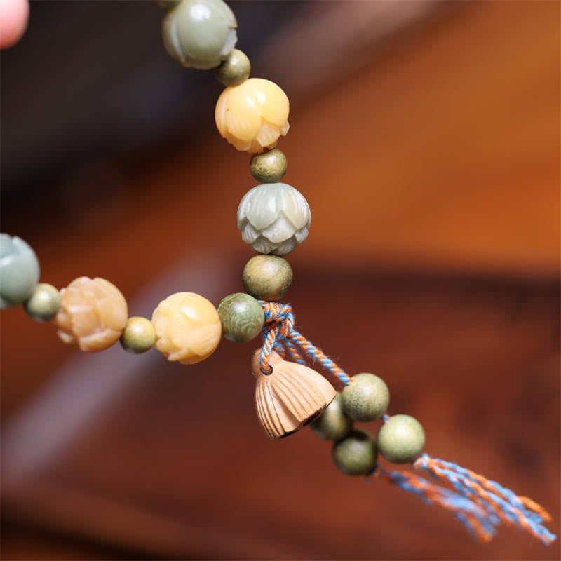 Pulsera de armonía de sabiduría de sándalo verde de loto con semillas de Bodhi de Buddha Stones