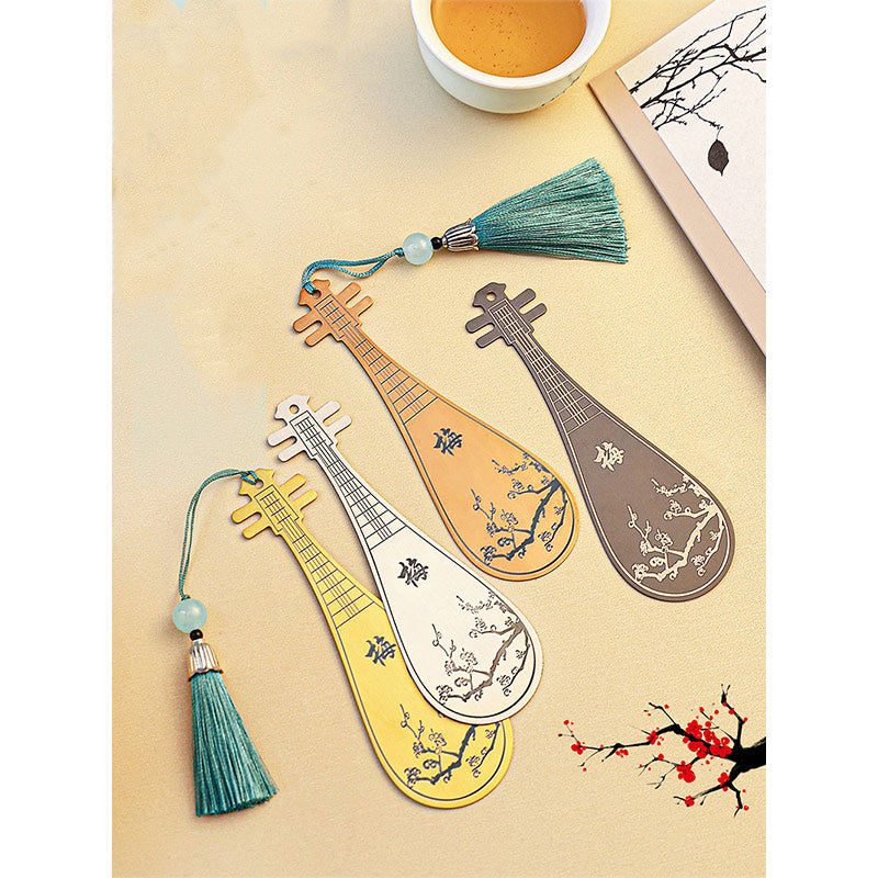 Buddha Stones instrumentos musicales clásicos Pipa Guzheng Guqin Ruan marcapáginas de Metal borla con caja de regalo