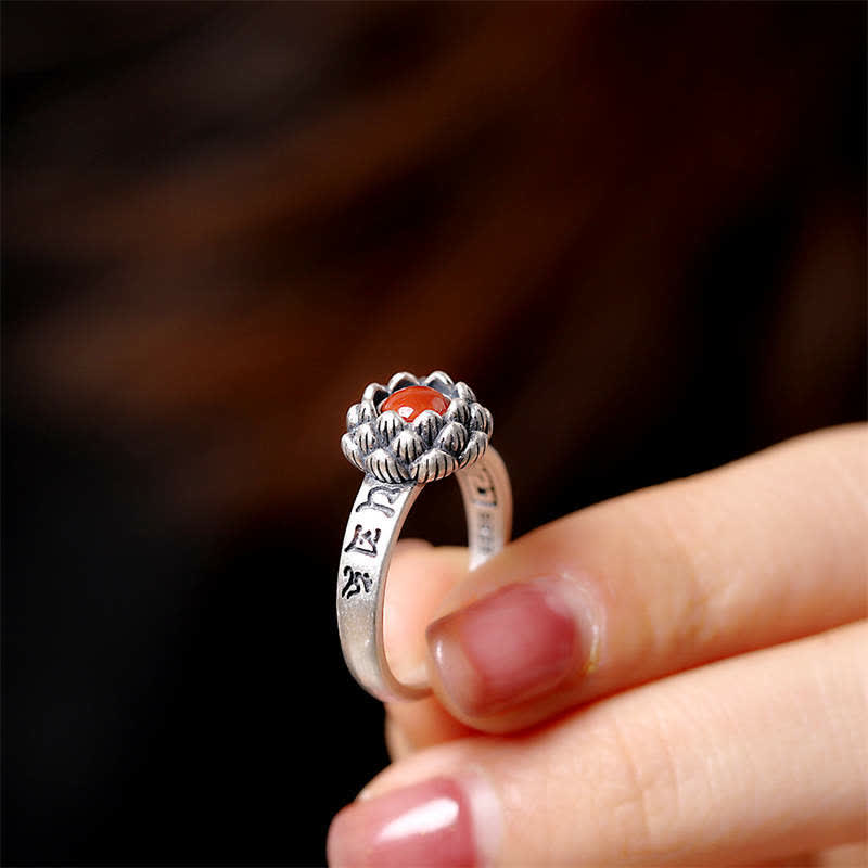 Anillo de bendición de confianza de ágata roja de loto de plata de ley 925