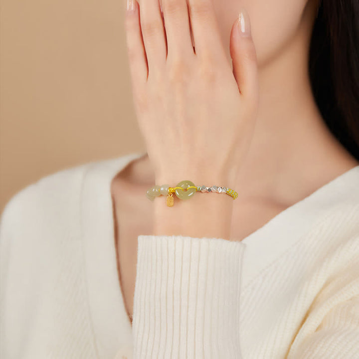 Pulsera de plata de ley 925 con hebilla de paz y jade hetiano con cuentas de suerte y felicidad