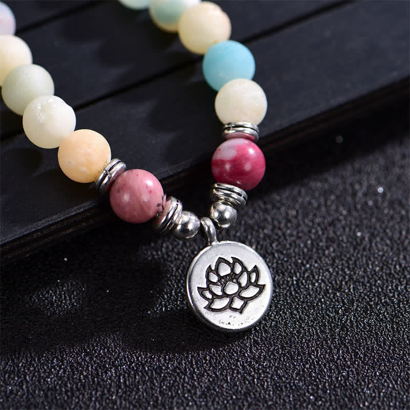 Buddha Stones Lazurita Jaspe Picasso Amazonita Rodonita Apatita Pulsera de cuentas de oración de loto positivo