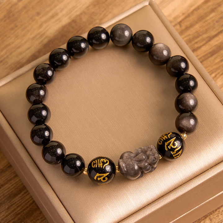 Buddha Stones Plata natural Brillo Obsidiana Obsidiana negra Om Mani Padme Hum Pixiu Pulsera de protección