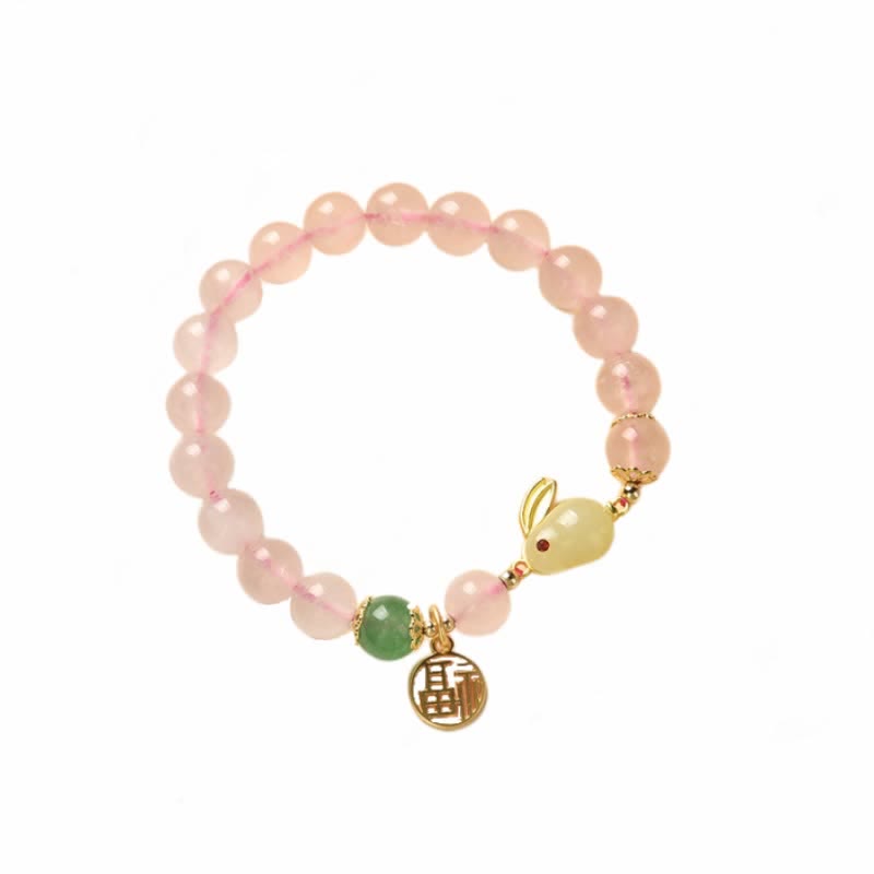 Año del Conejo Pulsera de Felicidad Amor Conejito Ágata Verde Cristal Rosa Natural