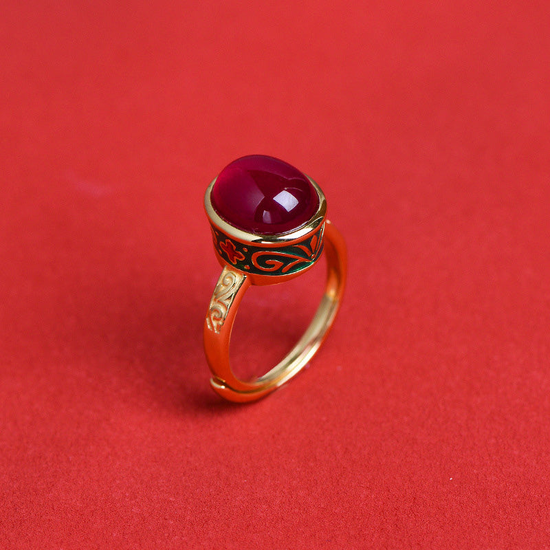 Anillo de corindón rojo de plata de ley 925 con Buddha Stones