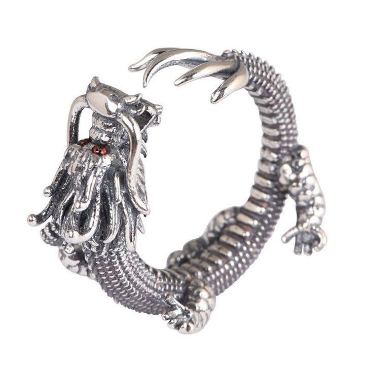 Anillo de protección de la suerte del dragón de plata de ley 925