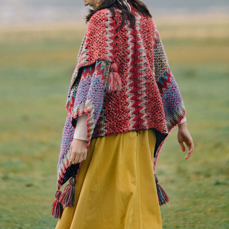 Buddha Stones, capa cálida tejida, bufanda con borlas tibetanas - image 3