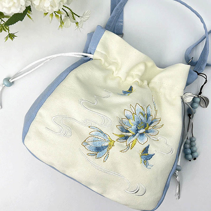 Bolso bandolera con Buddha Stones, bordado, mariposa, loto, magnolia, algodón y lino