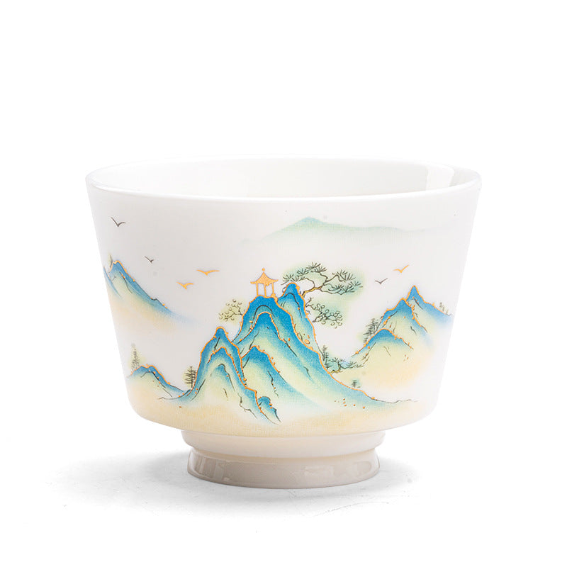 Taza de té de cerámica con Buddha Stones, flor de loto, hoja, montaña, pabellón, alce, peonía, taza de té de Kung Fu
